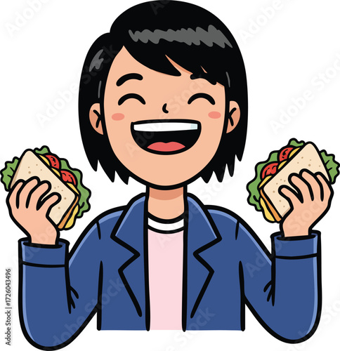 Happy woman holding two sandwiches enjoying fresh delicious food in casual wear smiling cheerful expression vector illustration 