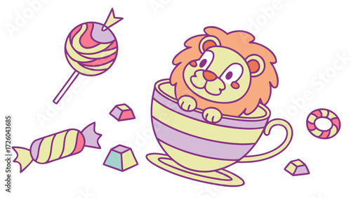 Cute SVG of a Funny Lion in Candy Shop colors, featuring in a teacup in a Birthday setting