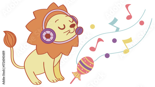 Cute Dreamy Lion, accessorized with wearing headphones, in a Birthday world – Candy Shop palette vector