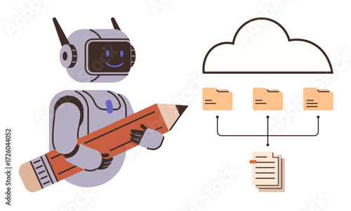 Robot holding pencil while connecting cloud folders to documents symbolizing data management, automation, and AI collaboration. Ideal for technology, cloud computing, automation, AI, data storage