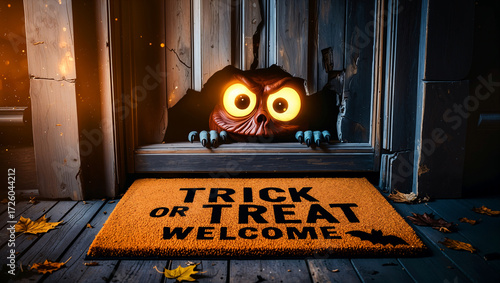 Scary monster peeks out from a hole in old, broken wooden door with trick or treat welcome mat
