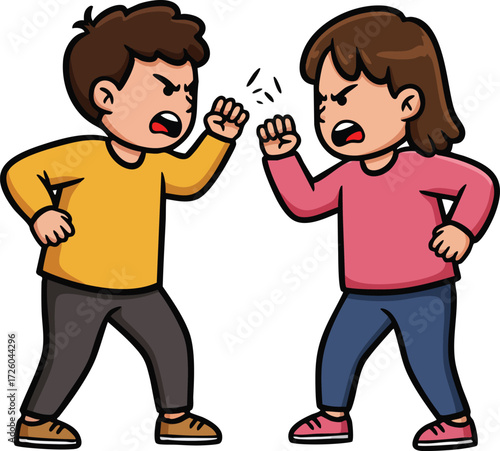 Children arguing and fighting in casual clothing showing conflict and anger in cartoon style vector illustration 