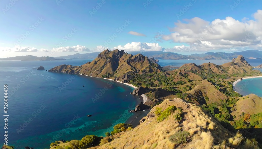 Fototapeta premium Panoramic view of a mountainous island landscape meets blue sea beneath scattered clouds