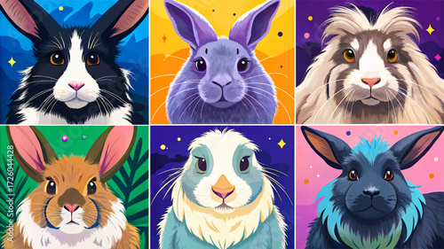 rabbit breeds together set vector including Angora, Lop, Dutch, Rex, and Lionhead, showing variety, cuteness, and companionship in charming animal illustration