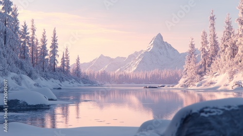 Serene Winter Wonderland: Snow-Covered Mountains Reflecting in a Frozen Lake at Sunrise