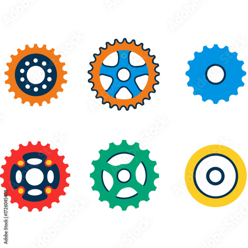 Vibrant Bicycle Sprocket Icons. Flat vector icons of bicycle sprocket: single-speed gear, mountain bike sprocket, fixed gear cog.