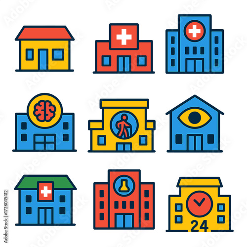 Medical Buildings Icons. Flat vector icons of medical hospital building: small-town clinic building, isolated urgent care building