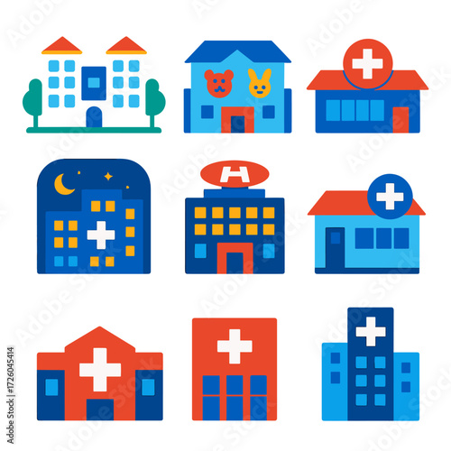 Modern Hospital Icons. Flat vector icons of medical hospital building: open campus-style hospital, children’s ward with animal