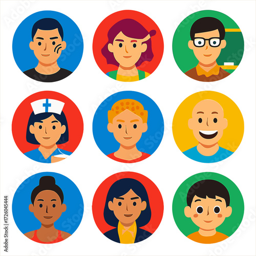 Diverse Avatar Icons. Flat vector icons of people avatar (round): man with face tattoo, artist with paintbrush behind ear, teacher