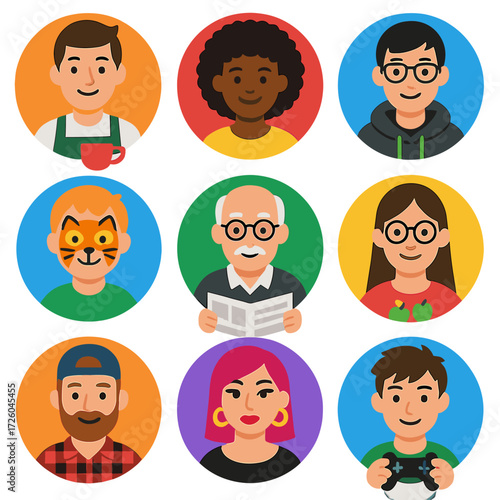 Diverse Avatar Icons. Flat vector icons of people avatar (round): barista with apron and coffee cup, young woman with curly afro,
