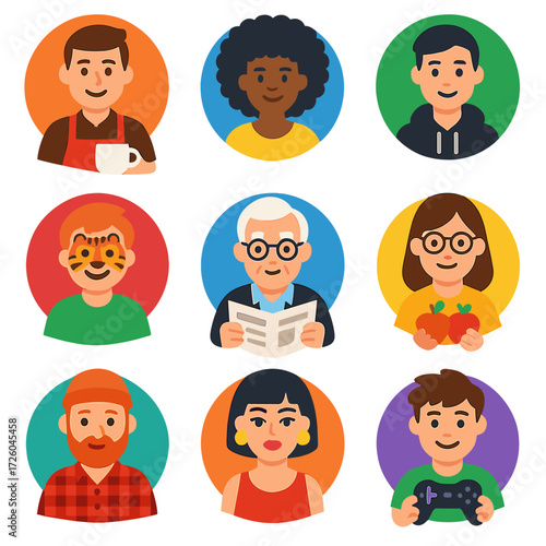 Diverse Avatar Icons. Flat vector icons of people avatar (round): barista with apron and coffee cup, young woman with curly afro,