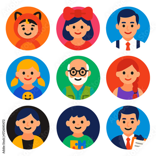 Diverse Character Avatars. Flat vector icons of people avatar (round): child in animal costume, woman with giant bow, man in