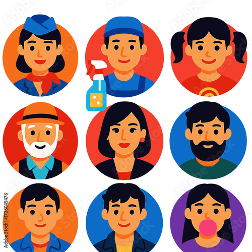 Diverse Professional Icons. Flat vector icons of people avatar (round): flight attendant with scarf, janitor with cleaning spray,