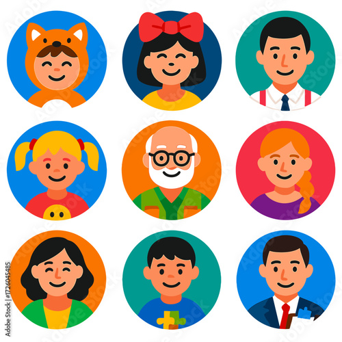 Diverse Character Avatars. Flat vector icons of people avatar (round): child in animal costume, woman with giant bow, man in