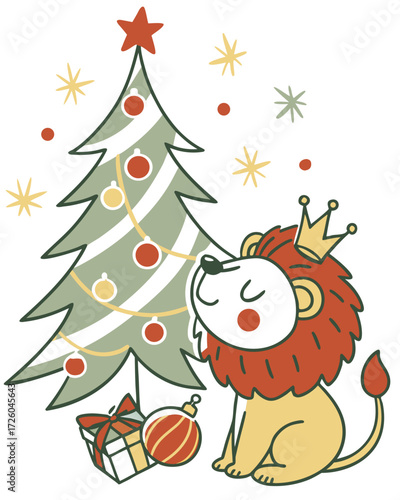 Cute Funny Lion, accessorized with with a tiny crown, in a Christmas world – Festive Cheer palette vector