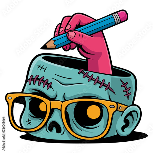 Zombie with pencil Halloween paper mask isolated illustration creepy scary character design perfect for seasonal party cartoon vector style