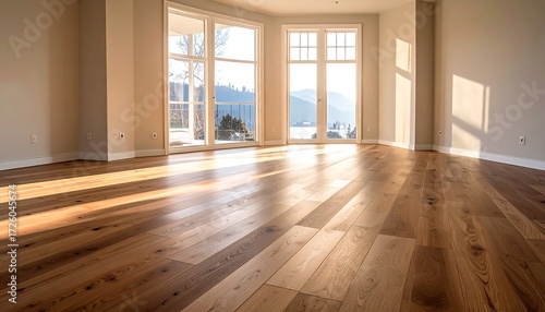 Empty room with hardwood floor, sunlit windows
