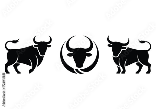 Bull ox silhouette isolated icons vector farm cattle symbol horoscope taurus zodiac sign new year 2021 buffalo longhorn horned design