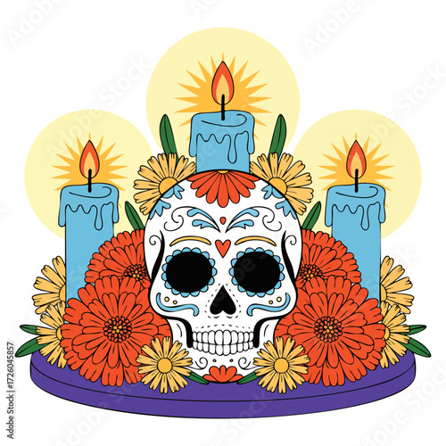 Bowl with a skull and flowers vector illustration showing detailed skull art surrounded by floral elements perfect for dark art themes