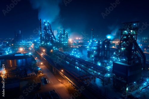 Wallpaper Mural Bright blue lights fill a large industrial area at night. Smoke rises from tall structures, creating a dramatic skyline in an urban setting. The scene shows the heart of manufacturing activity Torontodigital.ca