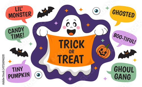 Cute ghost with a pumpkins. A set of Halloween speech bubbles with the text: Lil’ Monster, Tiny Pumpkin, Candy Time!, Boo-tiful!, Ghosted, Ghoul gang. Vector illustration.
