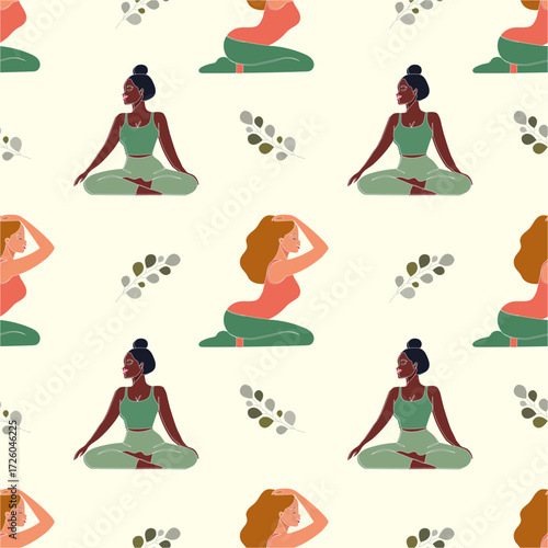 Happy women practice yoga. Relaxation and meditation poses. Vector illustration
