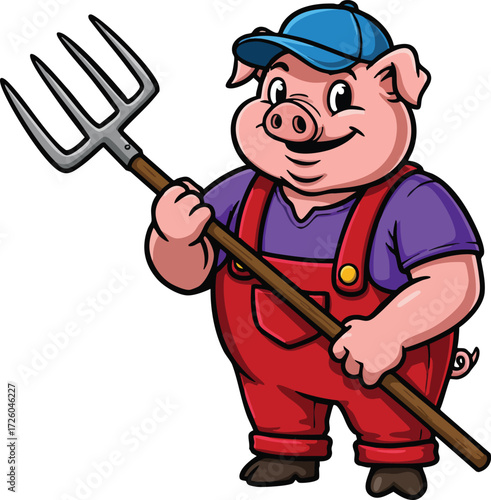 Cartoon pig farmer holding pitchfork wearing red overalls and blue cap cheerful farm animal character vector illustration 