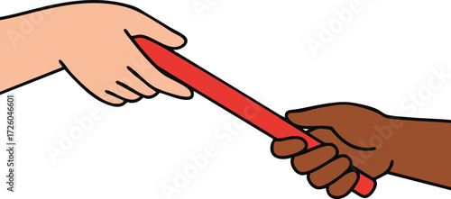 Hands passing red relay baton symbolizing teamwork and cooperation in sports competition vector illustration 