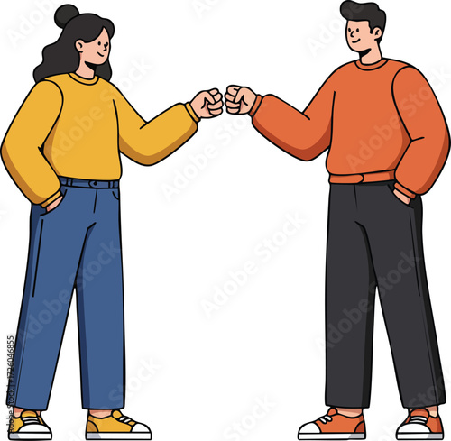 Young man and woman giving fist bump in casual clothes with yellow and orange sweaters vector illustration 