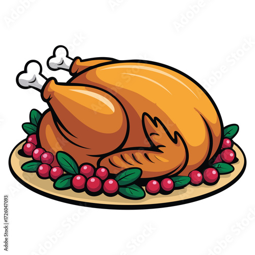 Isolated roasted turkey vector with colorful garnishes. Great for festive feasts, Thanksgiving, family celebration, and culinary themed illustrations.