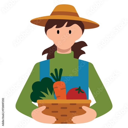 Isolated vector of person carrying basket with vegetables and fruits. Great for healthy living, gardening, nutrition awareness, and lifestyle themed designs.