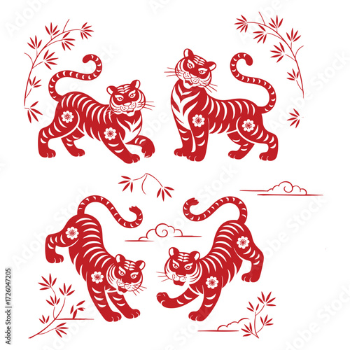 Photography Isolated year of tiger red wild cats floral decoration vector illustration desig