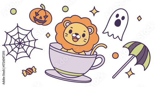 Delightful Excited Lion in a Halloween scene with in a teacup – Spooky Fun vector illustration