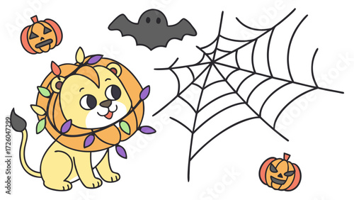 A Playful Lion with wrapped in fairy lights in a Halloween theme – Spooky Fun palette SVG illustration