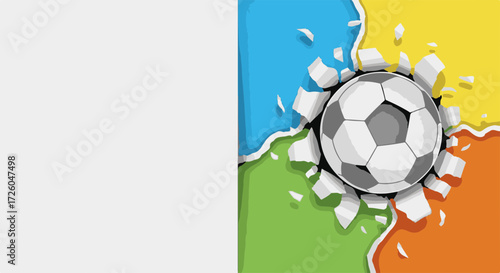 Soccer Ball Breaking Through Colorful Background for World Football Day Poster Design, Sports Events, Educational Campaigns, and Social Media Promotions