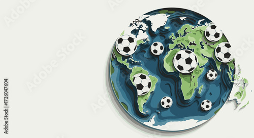 World Map with Soccer Balls in Paper Art Style for World Football Day Posters, Sports Events, Social Media Campaigns, and Promotional Material