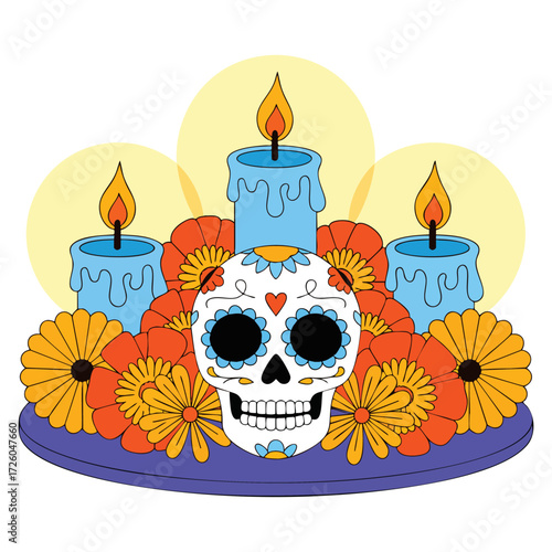 Skull and flowers in a bowl vector drawing with artistic composition combining floral beauty and macabre symbolism for creative projects
