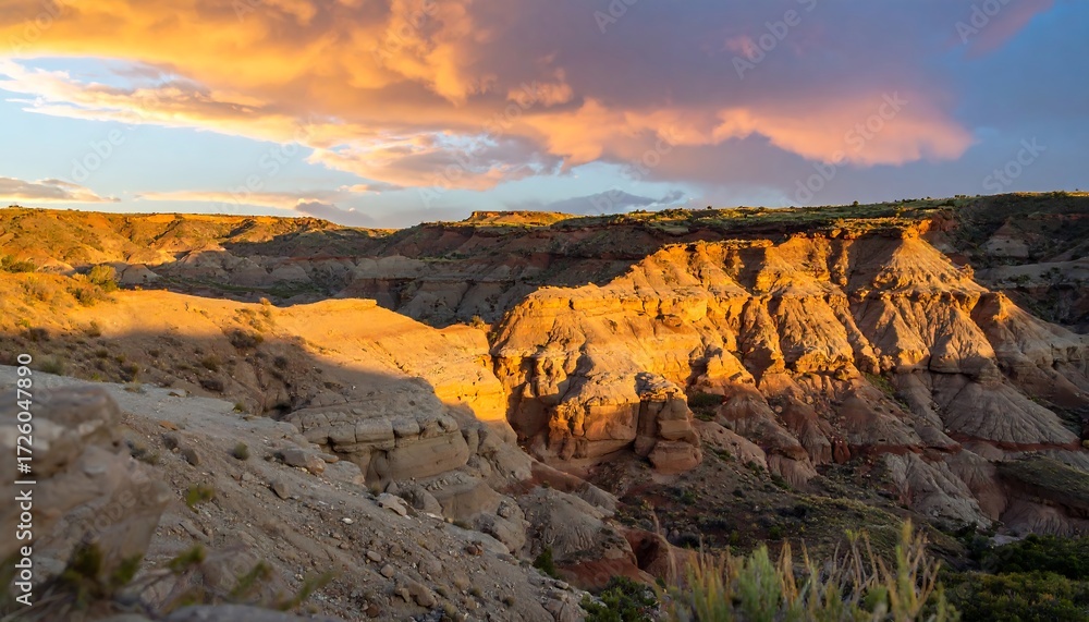 Obraz premium A sunlit canyon with layered rock formations under a dramatic, cloudy, sky at sunset