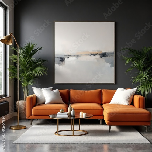 Modern Living Room Interior:  A sophisticated living room design featuring an orange couch, complemented by a stylish coffee table, artwork, and lush potted plants.