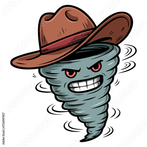 Texas tornado vector illustration red eyes cowboy hat toothpick detail unique wild storm design cartoon style suitable for posters and creative artwork