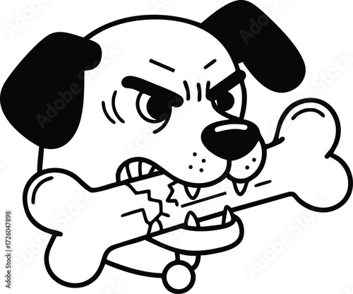 Angry dog biting a bone cartoon style black and white vector illustration with aggressive expression 
