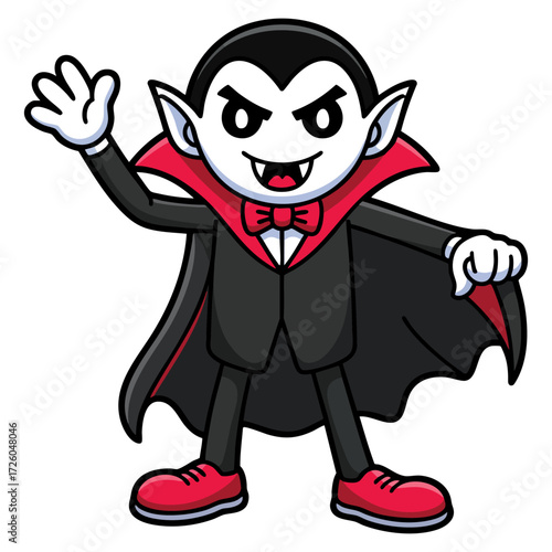 Vector illustration design of cartoon vampire character classic spooky halloween figure fangs cape shoes playful horror theme element