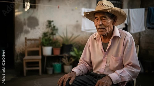 Elderly man in a straw hat sitting outdoors in a rural setting.