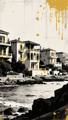 An illustration of a black-and-white photograph of a province on the ocean coast with traces of a blot from spilled paint. Vector graphics. EPS