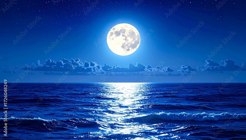 Naklejka premium Stunning Celestial Display: Moonlit Ocean Under a Starry Night Sky
