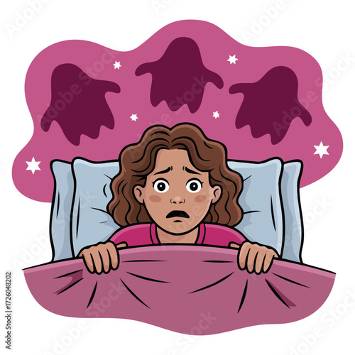Vector illustration of female character with insomnia and nightmares. Perfect for sleepless, scared, and mental health awareness graphics.