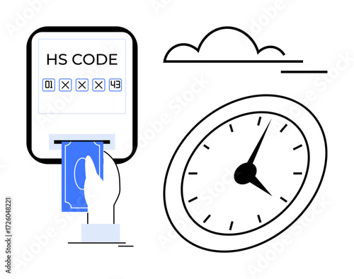 Hand inserting card into HS code device, clock indicating time, and cloud above. Ideal for customs, import-export, logistics, e-commerce, trade compliance digital transactions time management. A