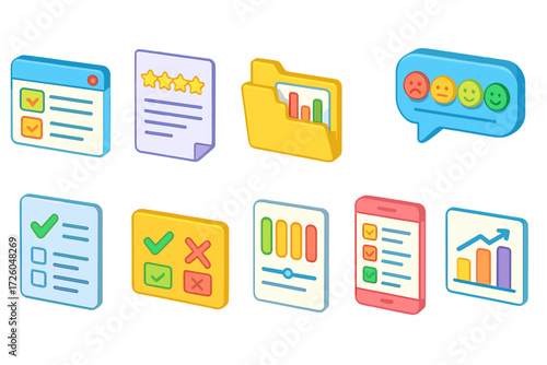 3d feedback and evaluation icon set. customer reviews and data analysis icons.