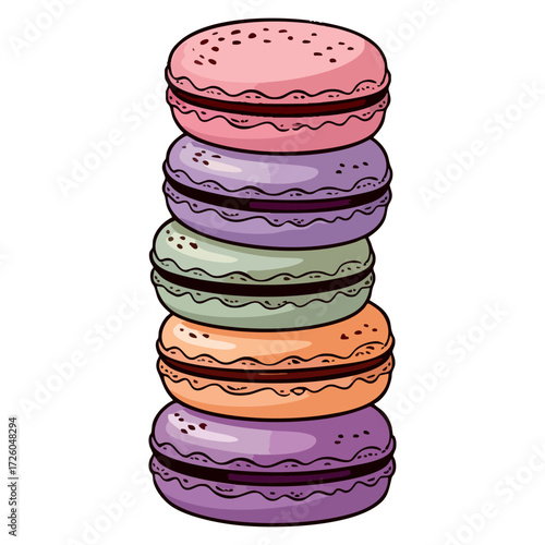 Vector illustration of stacked macarons vanilla lemon dessert sweet bakery food design cafe snack pastry isolated flat style drawing