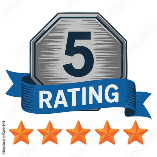 Vector rating badge five stars ribbon design icon illustration review approval quality feedback award ranking isolated symbol perfect for visuals